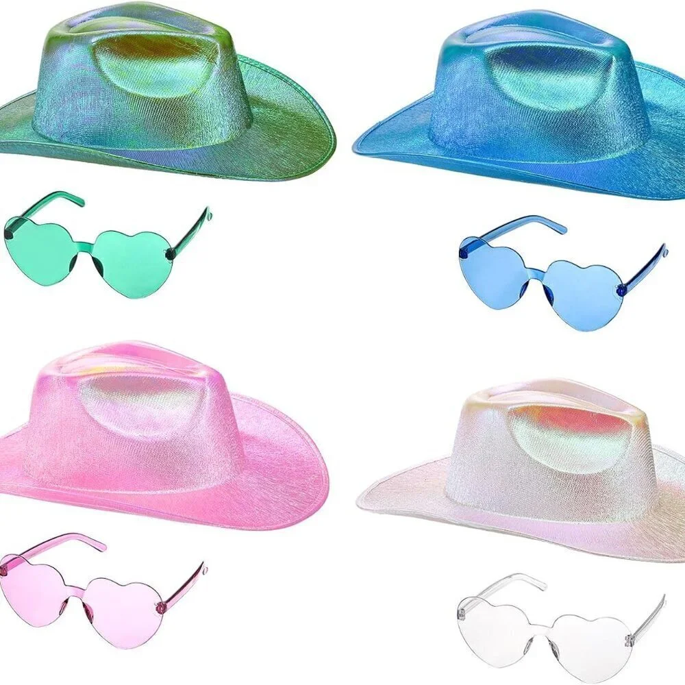 Set of 4 Holographic Space Cowgirl Hats Glitter Neon Party Costumes for Women